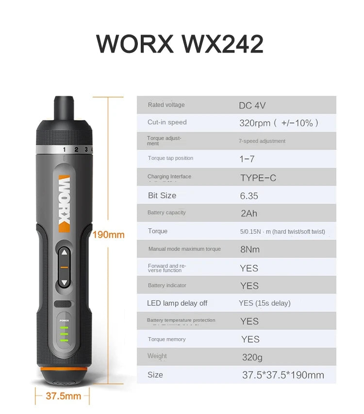 Worx-mini 4V electric screwdriver, WX240, wireless electric screwdriver, USB handle, electric drill tool WX240.7/WX240/WX242