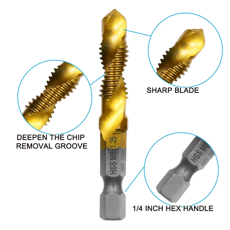 Multi functional HSS drilling tapping integrated spiral tap hand-held electric drill tap tool chamfer machine composite tap